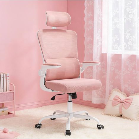 Ergonomischer Buerostuhl aus Netzstoff Rosa 62 x 69,5 x 116-123,5 cm mit Lordosenstuetze, Kopfstuetze und klappbaren Armlehnen (1/5)