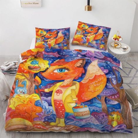 Bettwäsche-Set 155x220 cm 3-teilig Mikrofaser Fuchs Cartoon 3D Wendebettwäsche mit Reißverschluss