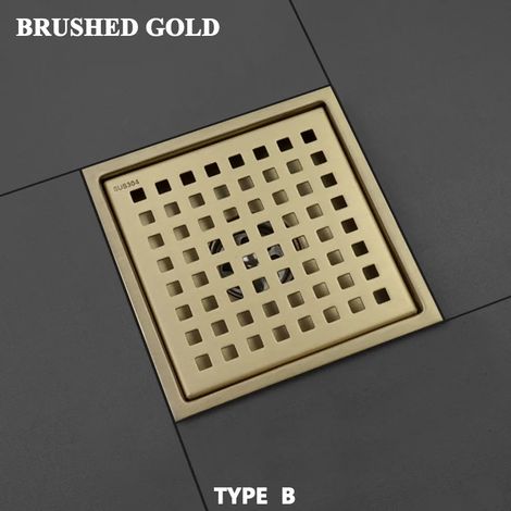(Brushed Gold B)Brushed Rose Gold 15cm15cm Tile Invisible Embedded Grid Bathroom Shower Insect-Proof Deodorant Floor Drain Square Floor Drain (1/4)