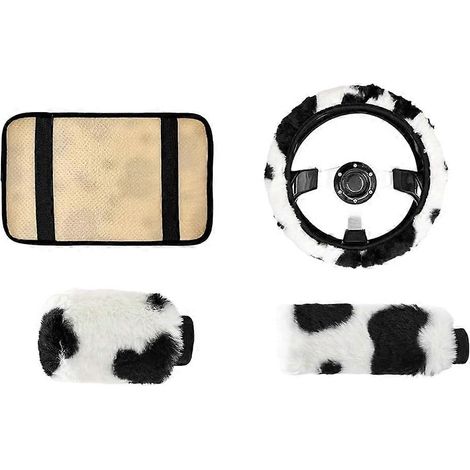 Ensemble d'accessoires de voiture à motif vache (4 pièces) : housse de volant, housse de frein à main, tapis d'accoudoir et housse de levier de vitesse. (1/5)