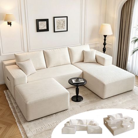 Canapé d’angle 4 places avec fonction lit, canapé modulable en L pour salon, convertible moderne avec 5 coussins, 274L x 175P x 64H cm, beige (1/5)