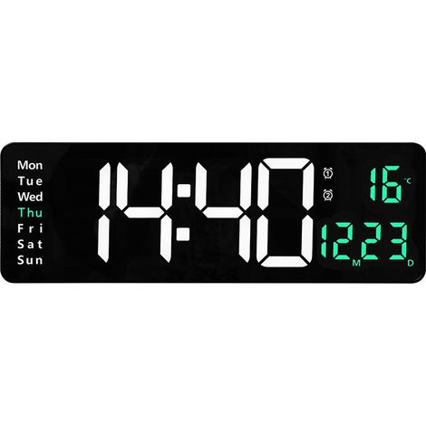 Horloge murale LED nordique 16 pouces, grand écran avec thermomètre, calendrier et alarme, pour salon, température verte (1/5)