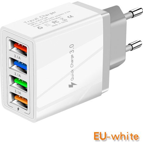 Chargeur Secteur 4 Ports USB Quick Charge 3.0, Prise EU Blanc 3.1A Max Charge Rapide Multi-Appareils pour Téléphone Tablette (1/4)