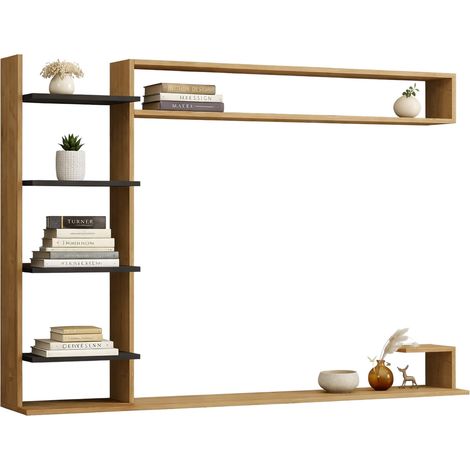 Parete Attrezzata Viggiona, Mobile Soggiorno 8 Ripiani, set Componibile, 5 Vani, Marrone Rovere