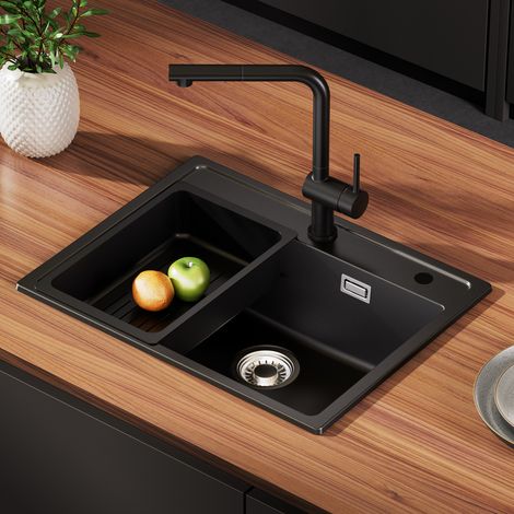 Anycee Max Küchenspüle, Einzelbecken aus Granit, 60 × 46 × 20 cm, Anthrazitgrau, Aufsatzspüle, inklusive Abtropfkorb und Ablaufgarnitur