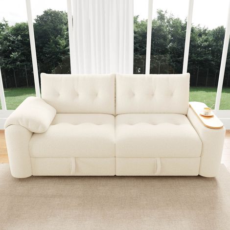 Canapé 3 places Teddy beige 207,5 x 80 x 87 cm modulable avec rangements, appuie-tête tablette pivotante petit salon chic cosy déco (1/5)