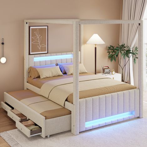 Himmelbett 140x200 cm mit Ausziehbett, 3 Schubladen und LED-Beleuchtung beige HAVRYA (1/5)