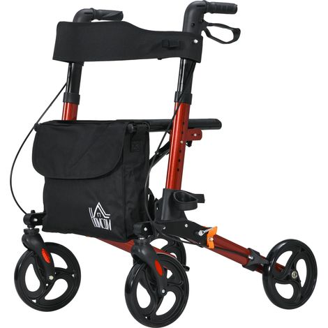 Déambulateur 4 Roues Pliable Aluminium Hauteur Réglable 6 Positions Freins Doubles Rangement 64x67x92cm Rouge