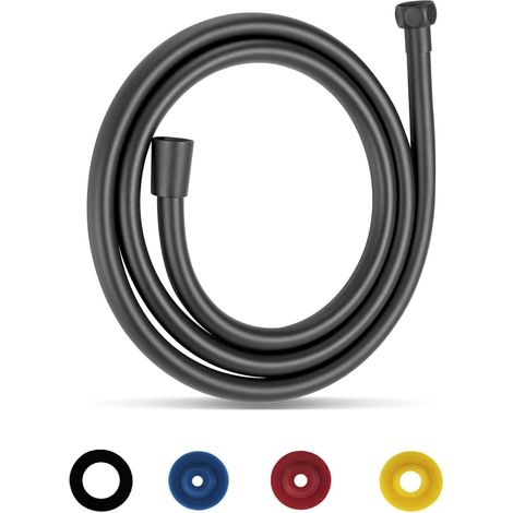 Flexible de Douche Noir 1,5M/59IN Tuyau de Douche PVC Tuyau Douche Anti Torsion Shower Hose for Shower Or Bidet Sprayer Flexible Pommeau Flexible Douchette avec 4 Limiteur de Débit d'Eau (1/5)