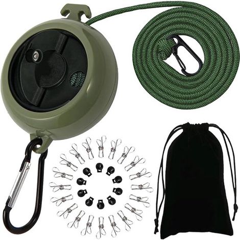 Tendedero extensible,tendedero de viaje de 10 m,10 presillas y 20 pinzas,para accesorios de viaje,camping y actividades al aire libre (Verde-A) (1/5)