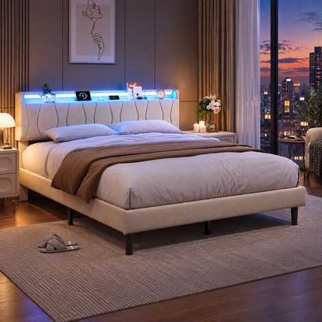 JOOKGBD-Letto matrimoniale 160x200cm in lino beige, testiera con LED RGB, caricatore USB e Type-C, 3 modalità di luce, controllo APP e telecomando, ripiano portaoggetti, design moderno (1/5)