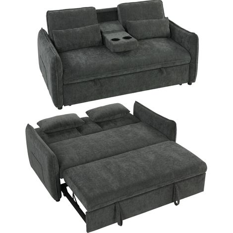 HOMCOM sofá cama 2 plazas 3 en 1, sofá cama de chenilla con mesa, portavasos, respaldo ajustable, bolsillos laterales, 2 almohadas, gris oscuro