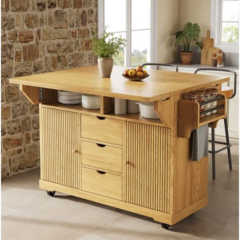 Desserte de cuisine mobile avec 3 tiroirs, plateaux rabattables, roulettes freinées, 142,5x80x95 cm, MDF naturel (1/5)