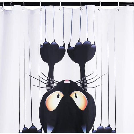 Tenda da doccia fai da te, motivo gatto umoristico, con ganci (gatto nero, L 180 x A 200) (1/3)