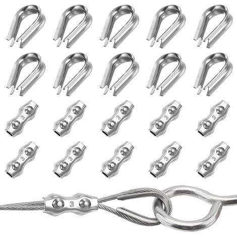 20 Pièces Serre Cable Acier 3mm, Serre Cable INOX, 10 Pièces Serre Cable Acier 3mm + 10 Pièces Câbles Cosses, Pinces Duplex, Serre-Câbles Duplex pour Fils Duplex Clôture électrique Cordes à Linge (1/5)