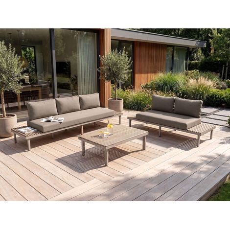Conjunto moderno de sofás de jardín de 5 plazas para terraza exterior con mesa de centro de madera de acacia cojines beige Fivizzano (1/5)