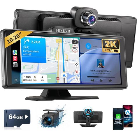 Autoradio Portable 10,26" avec CarPlay Sans Fil & Android Auto, Écran Tactile with Dashcam Avant 1080P & Caméra Arrière, GPS, Bluetooth 5.0, Commandes Vocales Siri et Google, FM/AUX, Carte 64GB (1/5)