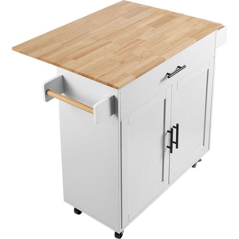 Îlot de cuisine sur roulettes à plateau en bois massif 90 cm, rangement, abattant tiroir et porte-épices, blanc (1/5)