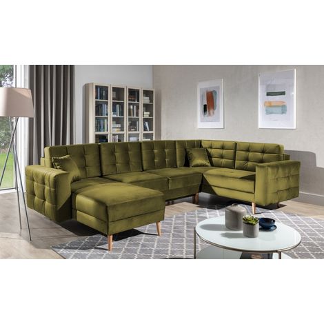 Canapé d'angle panoramique convertible U HASGARD 326 cm vert kaki velours avec coffre