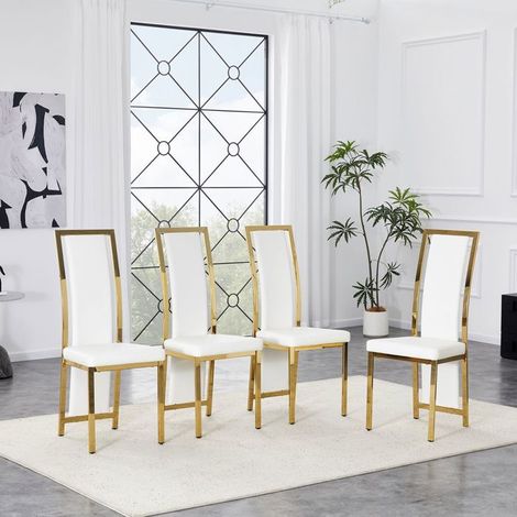 Lot de chaises 4 pièces style minimaliste européen bordure dorée cuir pu blanc cadre métal doré usages polyvalents (1/5)