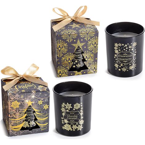 Bougies parfumées de Noël en pot de verre noir à décors dorés, coffret cadeau avec nœud doré, lot de 4, bougie : diam. 8,5 cm x H. 10 cm