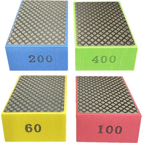 4er-Pack Diamant-Handpolierpads, Glaspolierblöcke für Steinfliesen, 4 Rauheitsstufen: 60, 100, 200, 400 (Silberseite) FLITI