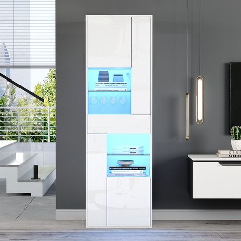 Vitrine 55x38x170cm, meuble haut avec 1 tiroir et 4 portes, armoire d'exposition en verre avec éclairage LED, finition brillante, meuble de salon, blanc (1/5)
