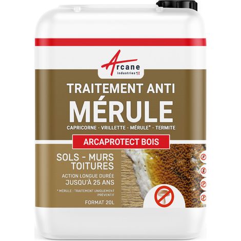 Arcane Industries – Traitement anti mérule 20 L – Protection bois intérieur et extérieur – Action préventive jusqu'à 25 ans – Incolore et non gras