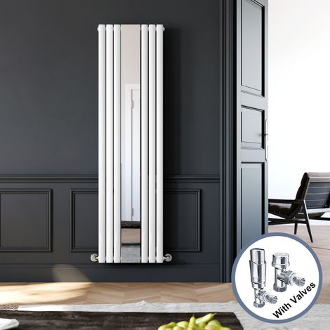 ELEGANT 1800 x 500 mm White Modern Vertical Column Mirror Radiator Oval Single Panel Designer Heater + Chrome Thermostatic Radiator Valves