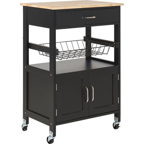 Carrito de cocina negro madera clara cajón armario estante ruedas cocina Lugo