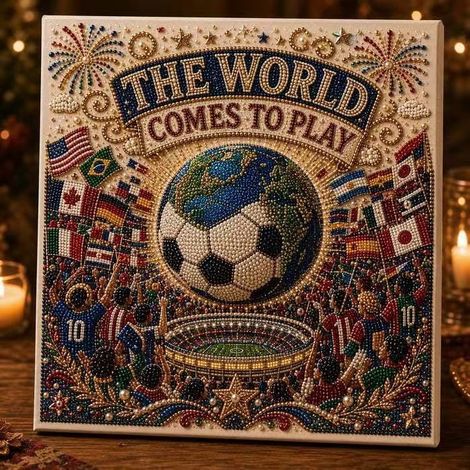 Football-themed diamond painting, World Cup decorative painting, 3D beaded embroidery wall hanging, creative home decoration for living room and bedroom, world football stage -