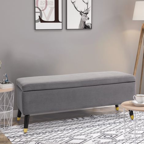 Banc, banc rembourré avec espace de rangement, coffre-banc, métal, mousse, bois d'hévéa, gris anthracite, 110 x 43 x 45 cm (1/5)