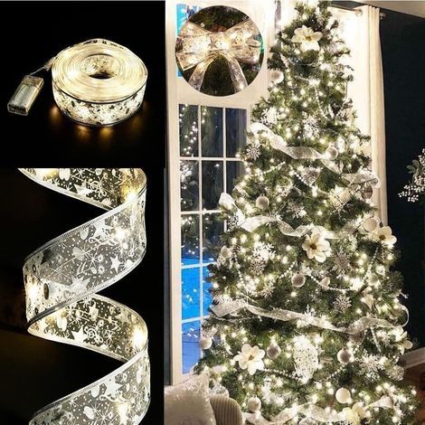 Luci a nastro LED glitterate argento-1 per decorazione albero di Natale - (luce calda) Lunghezza: 5 m (1/5)