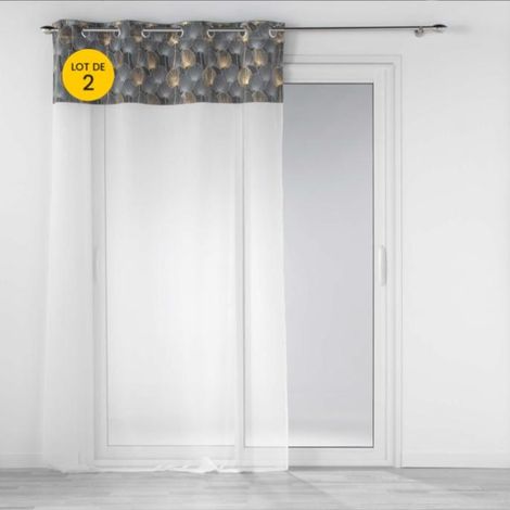 Lot de 2 Voilages 140 x 240 cm voile sablé + haut velours Clairine Gris (1/5)