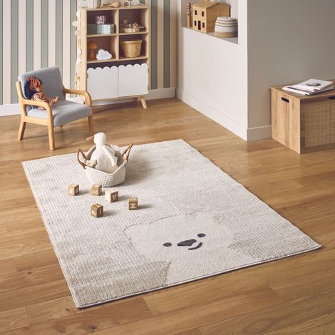 Tapis enfant Beige / Crème. tapis intérieur petit ourson. poils ras. tapis frisé très doux  80 x 150 cm