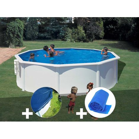 Kit piscine acier blanc Gré Bora Bora ronde 4,80 x 1,22 m + Bâche hiver + Bâche à bulles