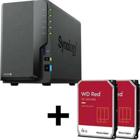 Synology DiskStation DS224+ Caja vacía para servidor NAS de 2 bahías + 2 discos duros WD Red 40EFPX SATA 3,5"" HDD 4TB