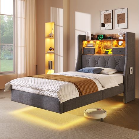 Lit 90x200 avec tête de lit rangement LED USB gris OKMYHOME (1/5)