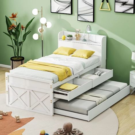 Multifunktionales Einzelbett 90x190 Massivholz mit Ausziehbett und Schubladen, Jugendbett Weiß mit USB-Anschluss, Ablagefach und Lattenrost (1/5)