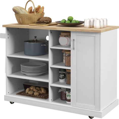 Carrello isola cucina 129 x 51 x 93 cm 7 scomparti con ruote armadio portasciugamani moderno ed elegante in MDF bianco 210001041