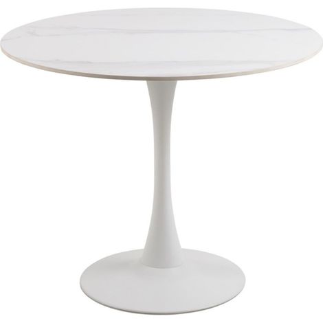 Hellin – Table à manger ronde extensible en céramique – Pied tulipe en métal époxy – D 90 cm pour 4 personnes – Coloris blanc ou noir marbré (1/7)