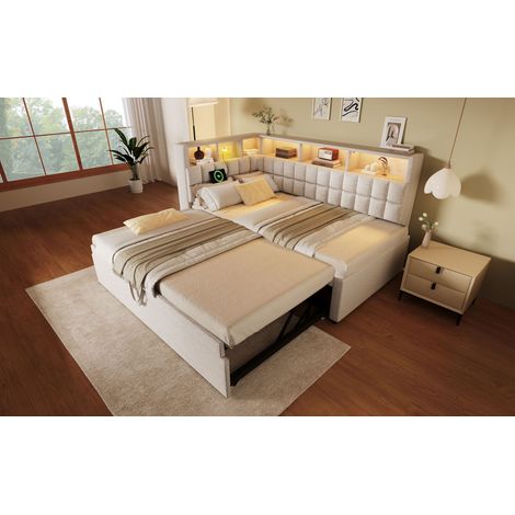 it gigogne rembourré 90x200 cm avec lit tiroir 90x190, LED RGB, Bluetooth, USB Type-C, rangement tête de lit, tissu lin beige (1/5)