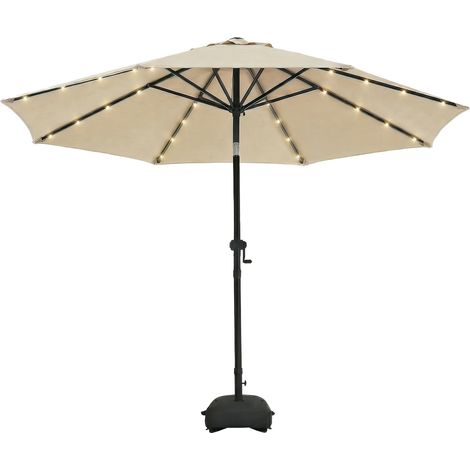 Parasol de terrasse solaire LED de 2,74 m avec base Modèle de luxe avec 32 LED, structure en acier, ventilation, inclinaison par bouton-poussoir/manivelle, idéal pour jardin, terrasse, cour et piscin (1/5)