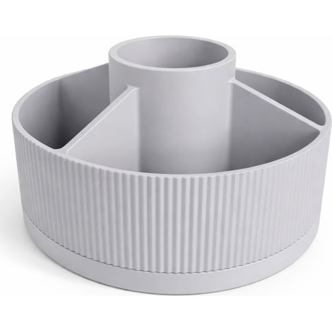 Organizador de escritorio giratorio gris con 5 compartimentos para bolígrafos y accesorios.