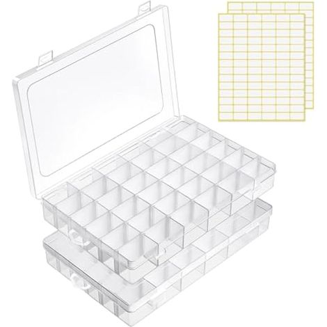 Boîte de rangement pour perles et bijoux, 2 pièces en plastique avec 2 feuilles d'étiquettes, 36 compartiments avec séparateurs ajustables pour perles et loisirs créatifs.
