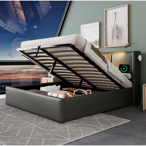 Bett mit Stauraum 180x200 cm, LED und 2 USB-Anschlüssen, hydraulisch, grau HAVRYA (1/5)