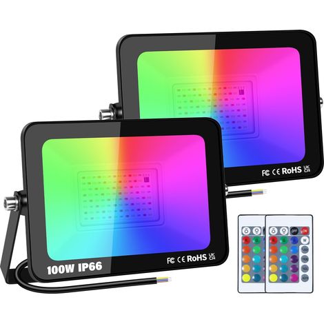2 Pack Projecteur LED, 100W RGB Extérieur, 16 Couleurs IP66, Télécommande Jardin Terrasse