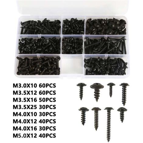 Sollbry 340 Pièces Vis Autotaraudeuses avec Boîte en Plastique, M3 M3.5 M4 M5 Vis à Tête Fraisée, Vis Autotaraudeuses de Acier Carbone Noir, Tête Croisée, pour Plastique Bois Métal Mou(8 Taille) (1/5)