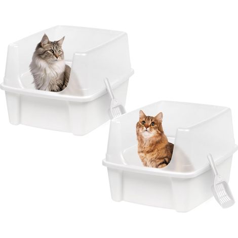 Bac a Litiere pour Chat avec Pelle, Lot de 2, Blanc, Nettoyage Facile, Maison de Toilette, Rebords Amovibles, Pour Chats Adultes, Chatons, Lapins, Sans BPA, Ouverture en haut, CLH-12 (1/5)