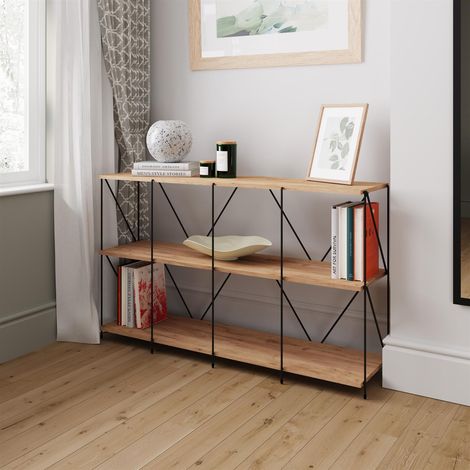 Industrial Style Display Bookcase Wide 3 Tier Storage Unit Oak Wood Black (1/4)